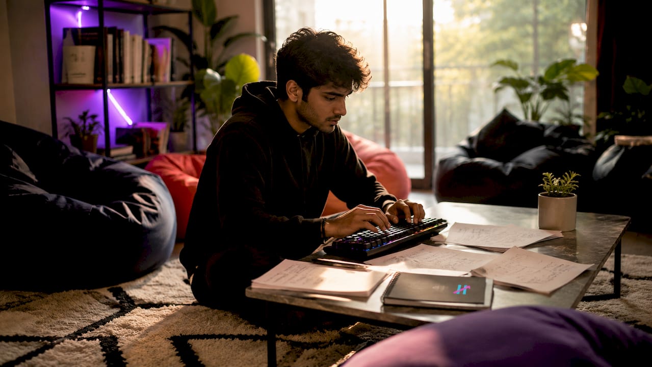Trader coding Pine Script in home office