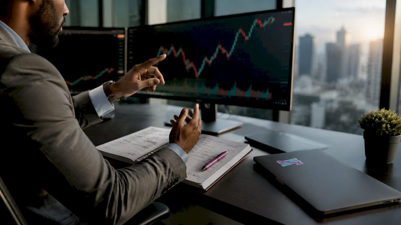 Trader pointing at bullish market signal touchscreen