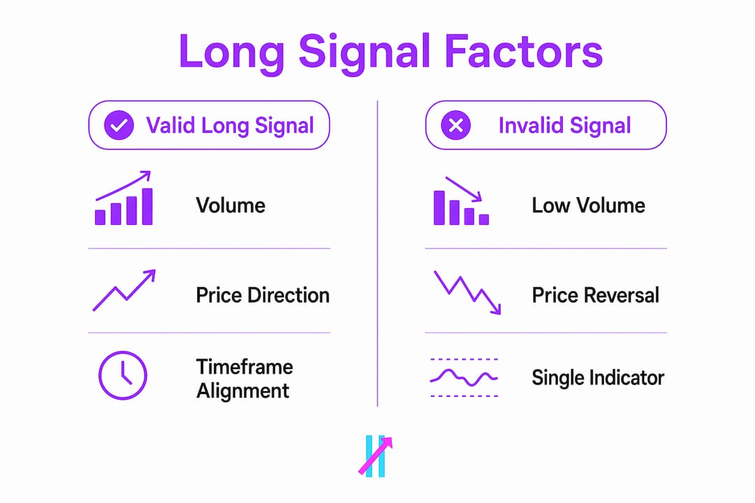 Infographic comparing valid vs invalid long signal factors