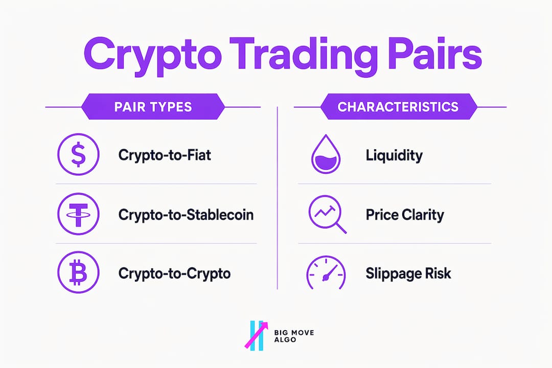 Infographic comparing crypto trading pair types and characteristics