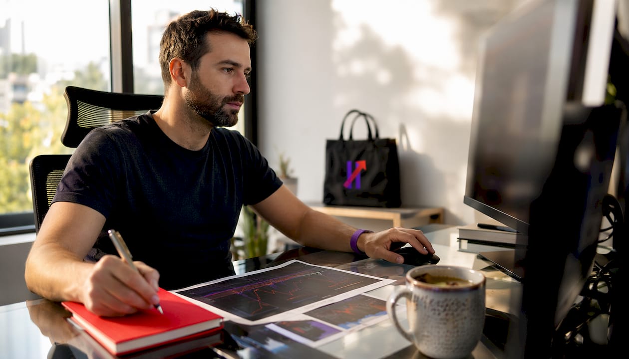 Trader actively combining multiple technical indicators at desk