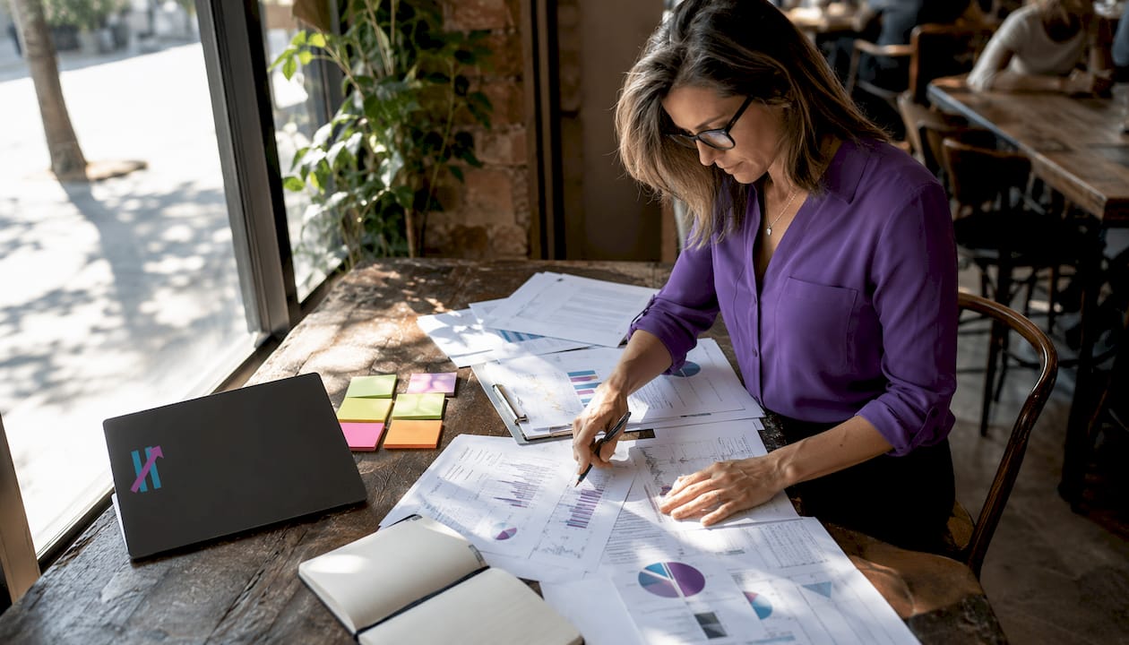Financial analyst organizing reports in corner office