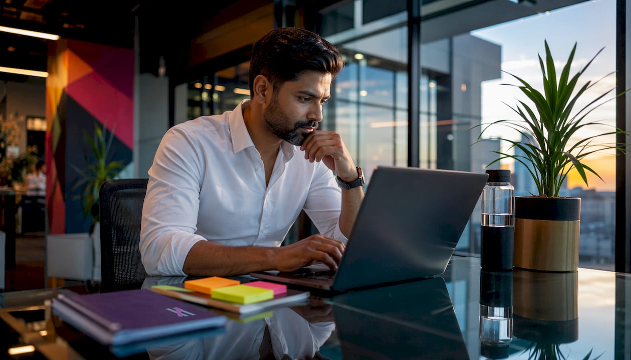 Financial professional reviewing data on laptop in home office