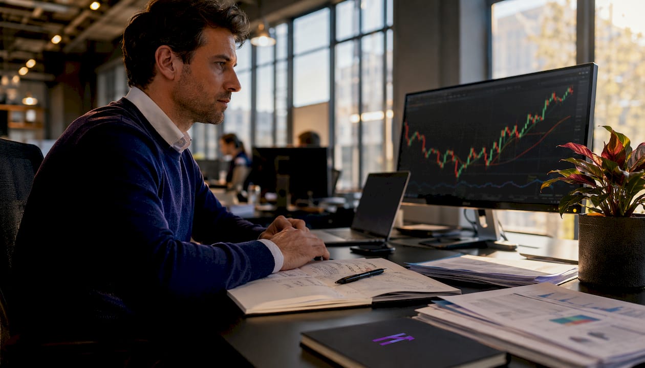 Trader analyzing trades at home office desk