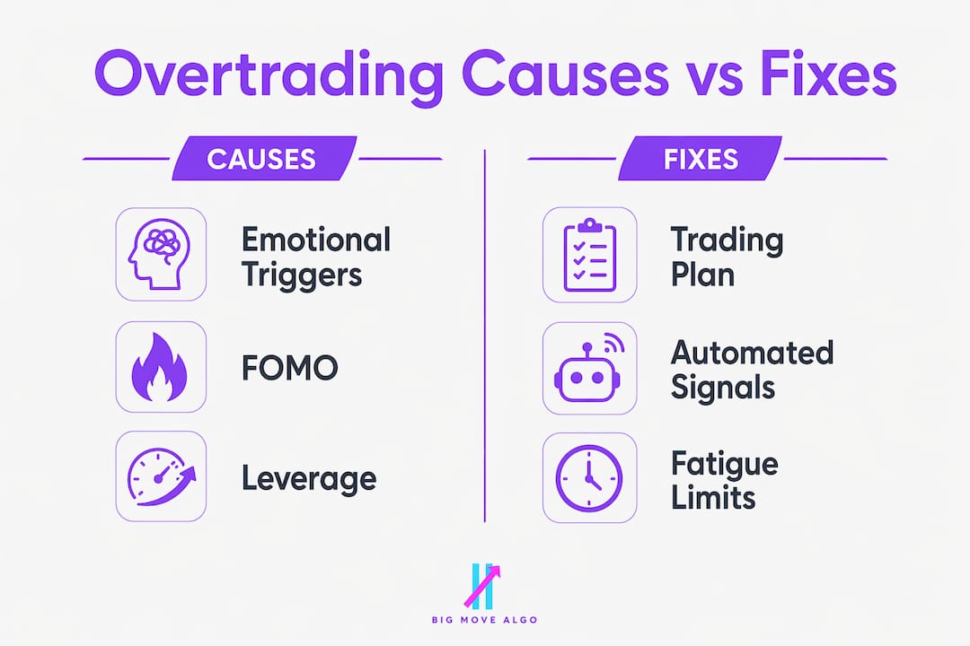 Infographic comparing overtrading causes and fixes