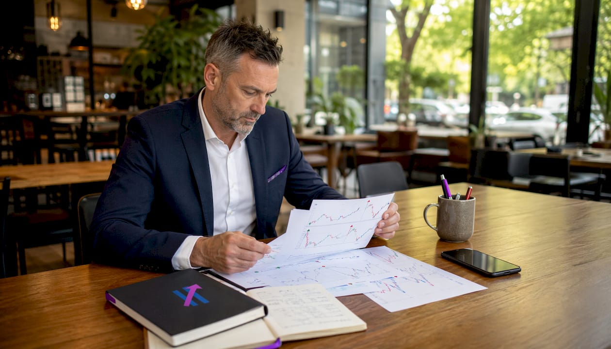 Trader reviewing moving average crossover printouts