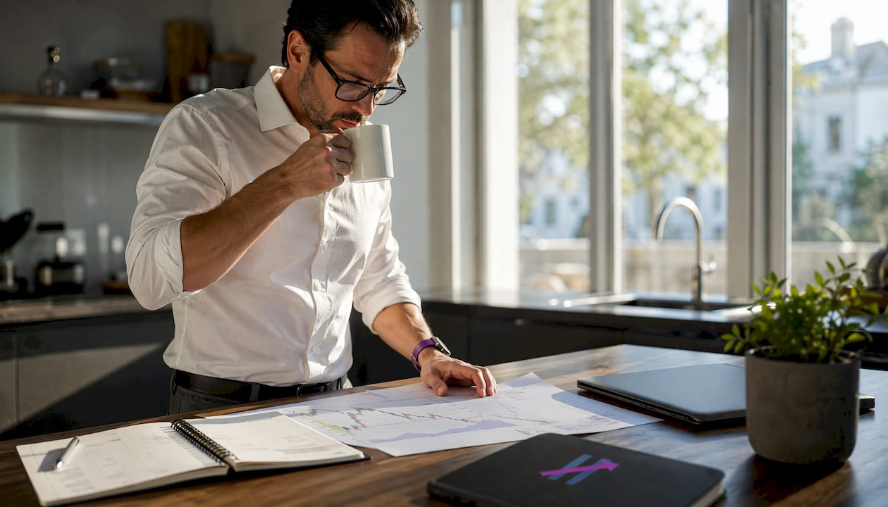 Trader reviewing simple trading charts at home