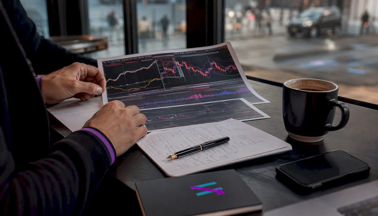 Hands analyzing printed trading charts