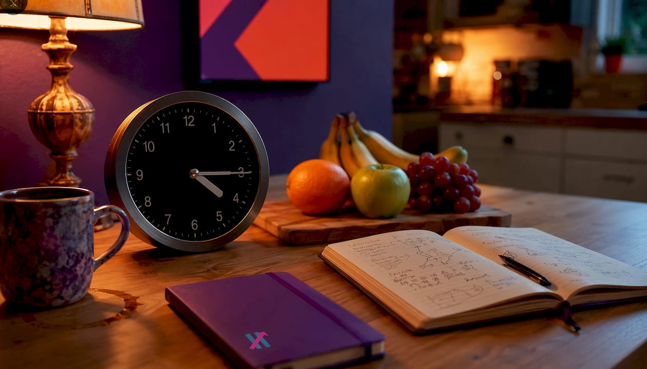 Desk clock and tablet early morning trading