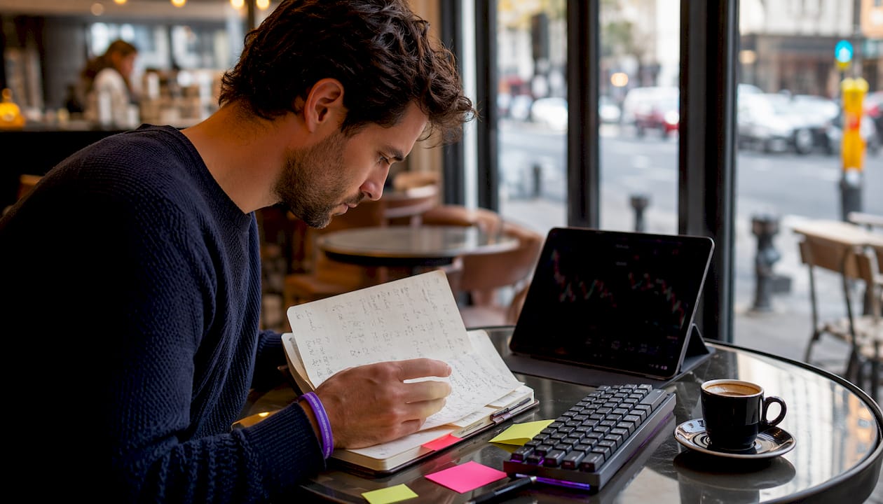 Trader reviewing notes and charts at desk
