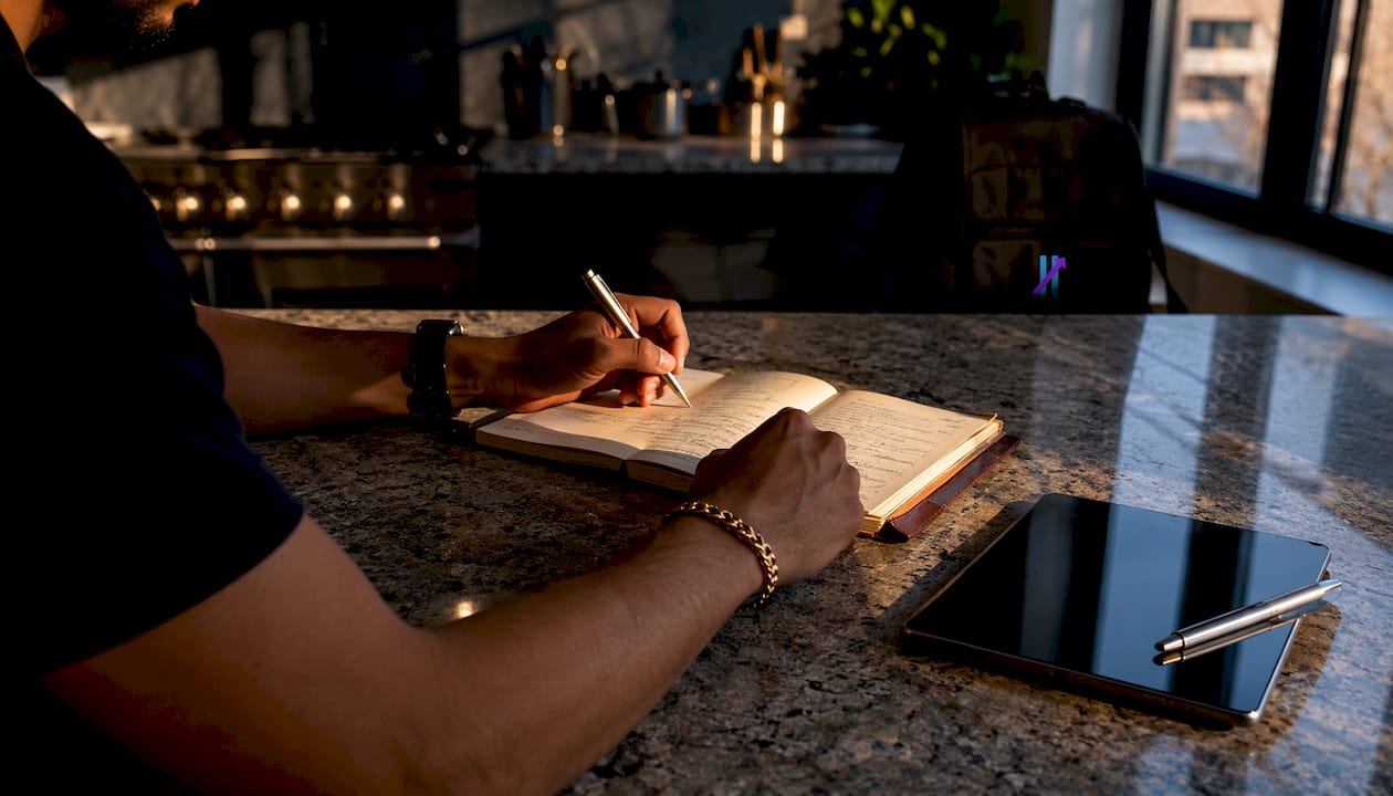 Hands writing in trading journal with pen
