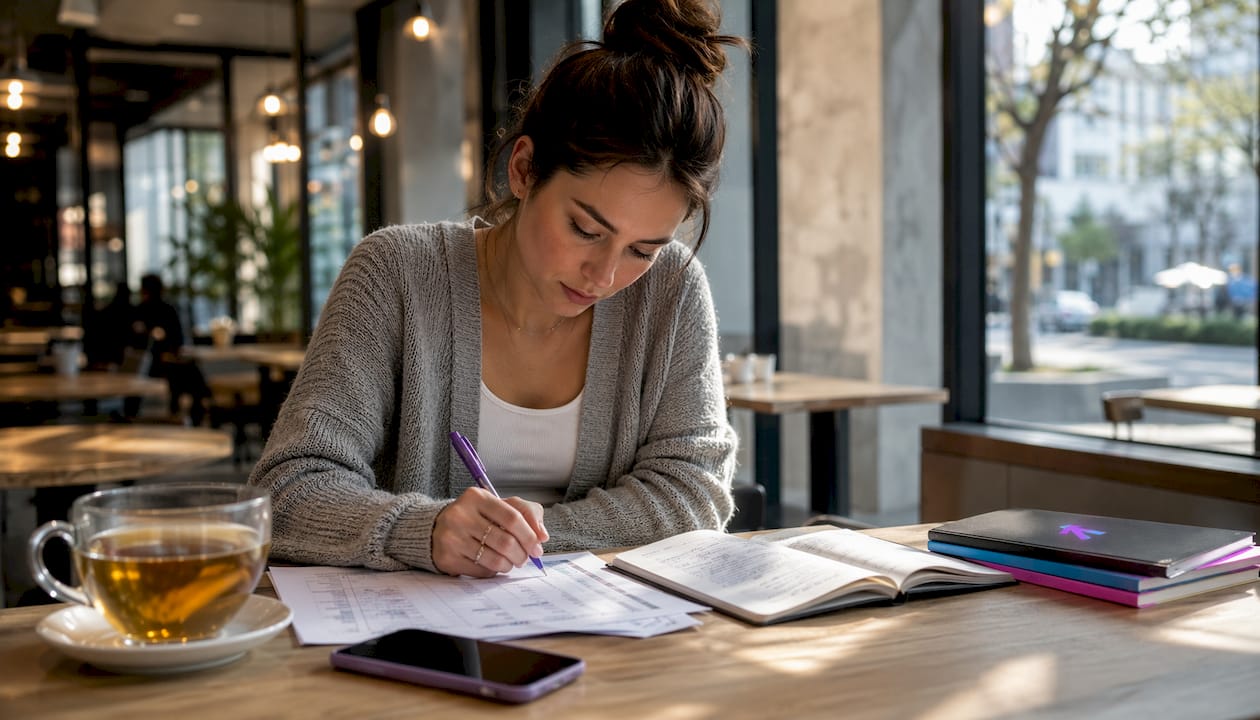Trader reviewing trading notes and emotions