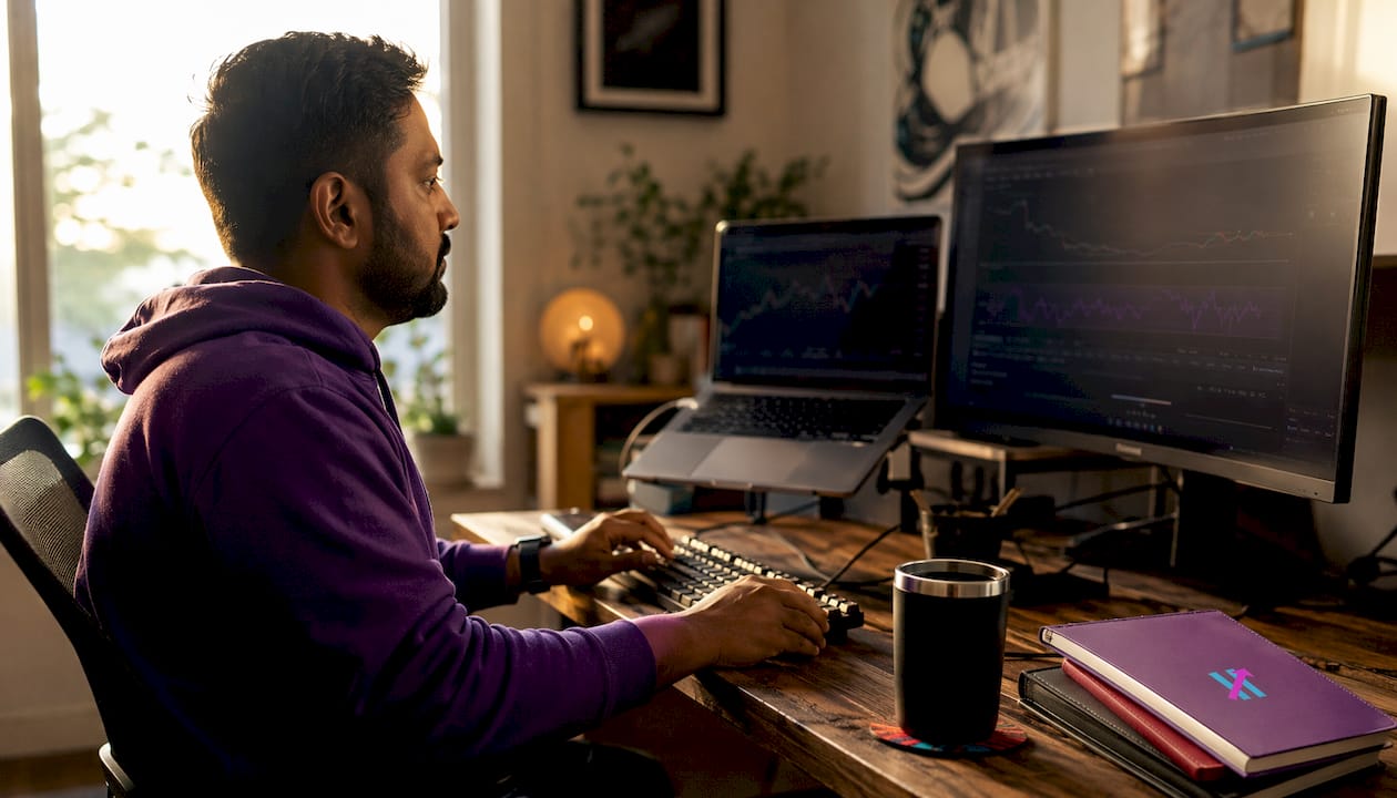 Trader programming TradingView algo in home office
