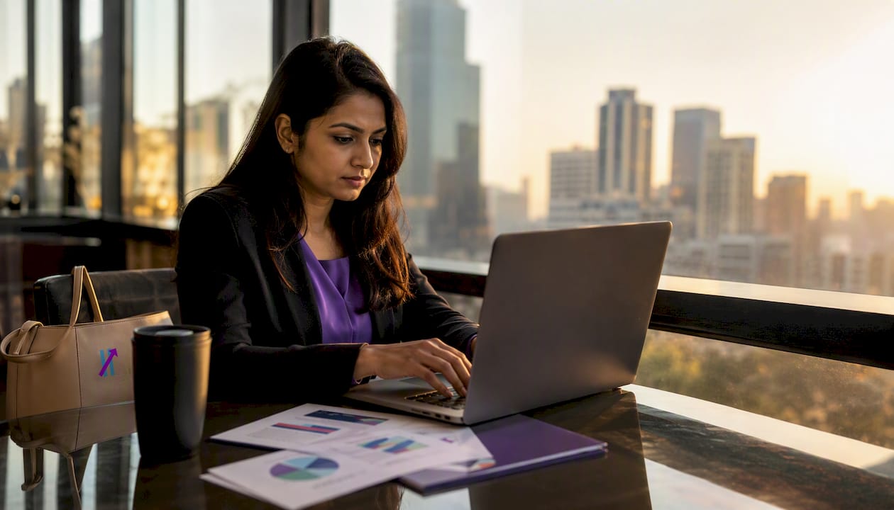 Trader working on laptop in office