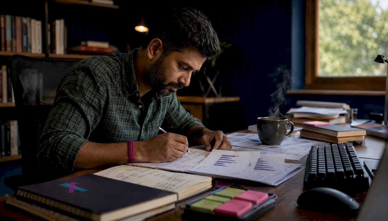 Trader reviewing algorithm charts at home office