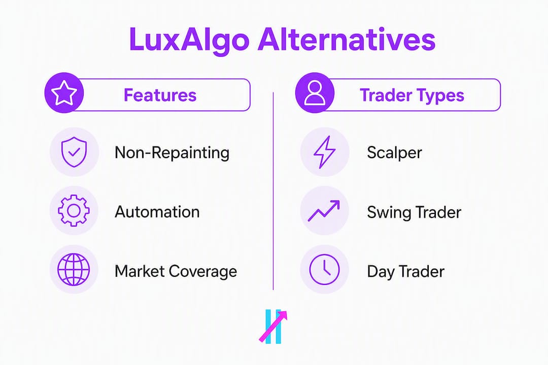 Infographic comparing LuxAlgo trading alternatives features and trader types