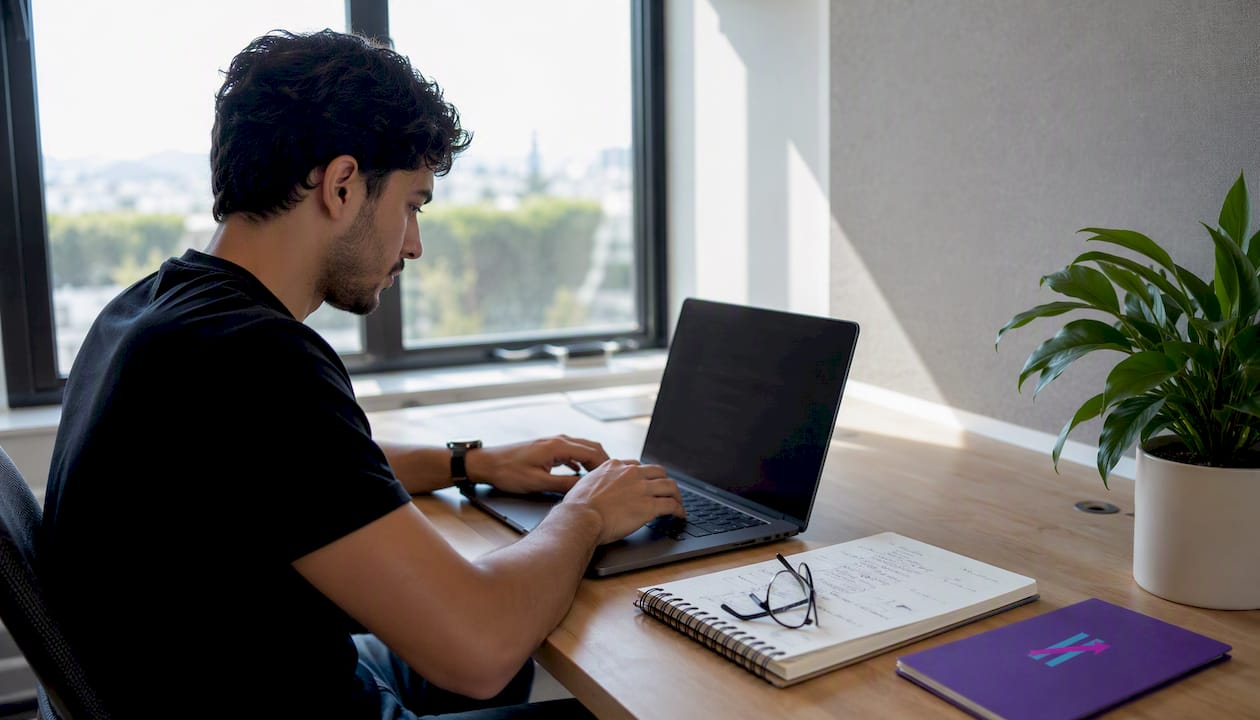Hands typing code for trading platform customization