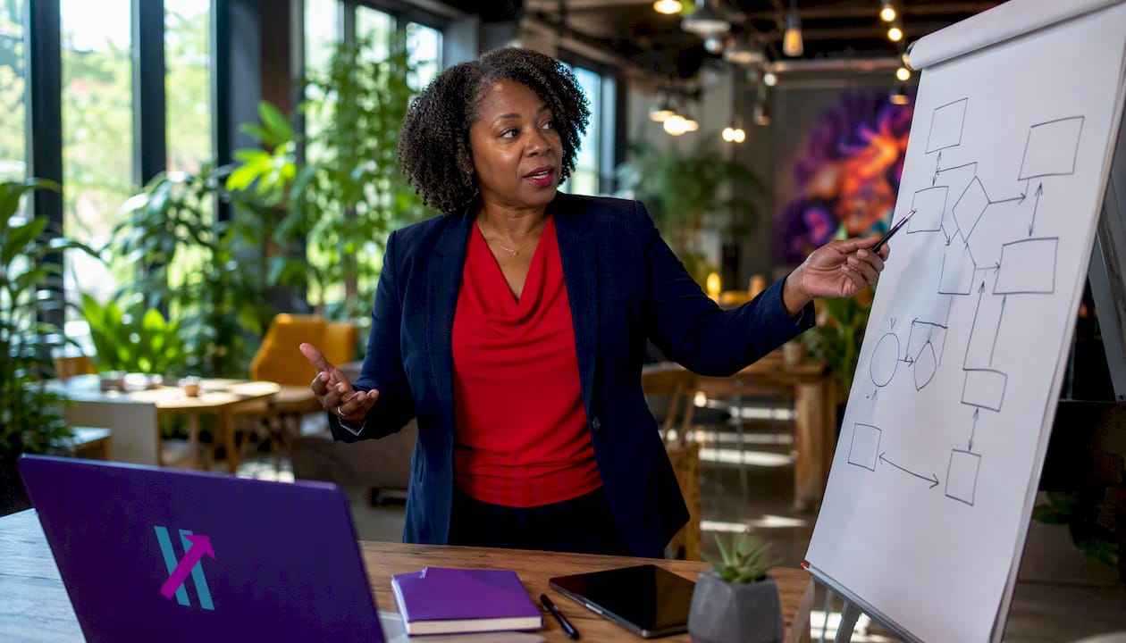 Woman presenting platform comparison in office