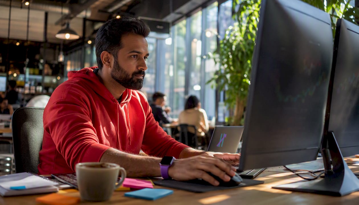 Man working on trading software alternatives at desk