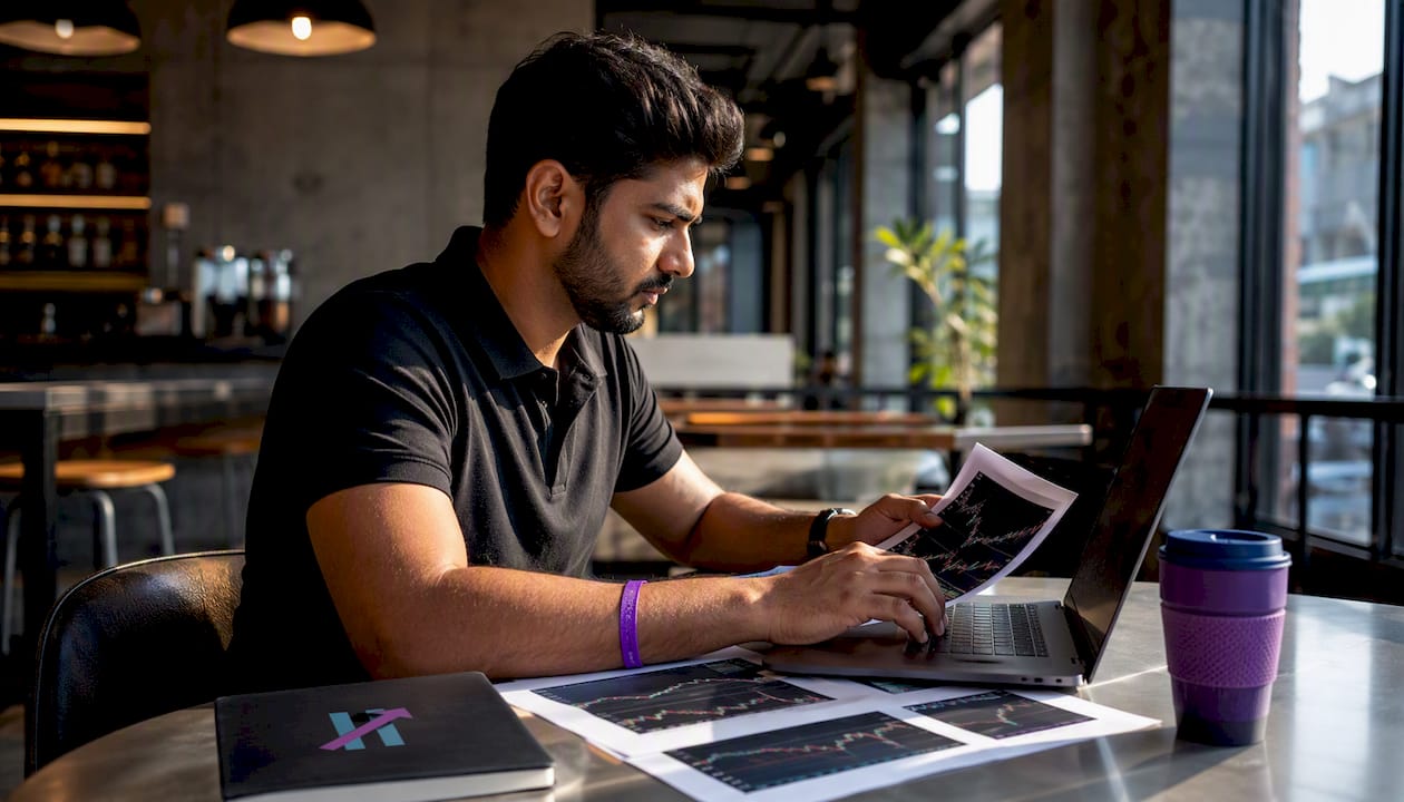 Trader analyzing TradingView signals on laptop