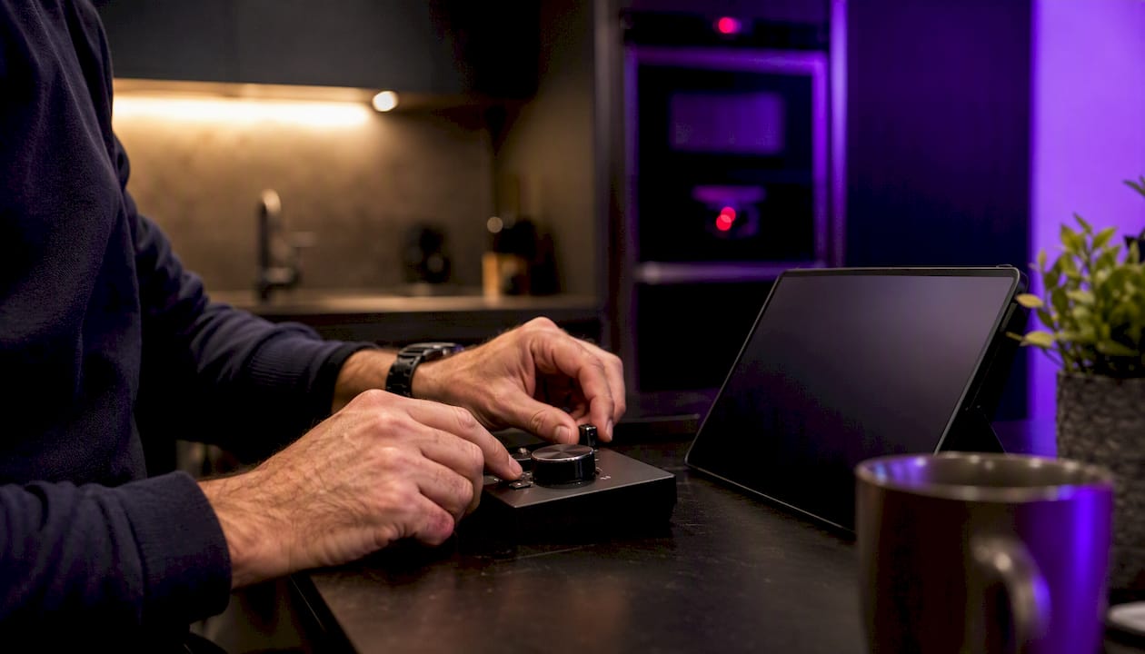 Hands setting trading alerts on sleek desk