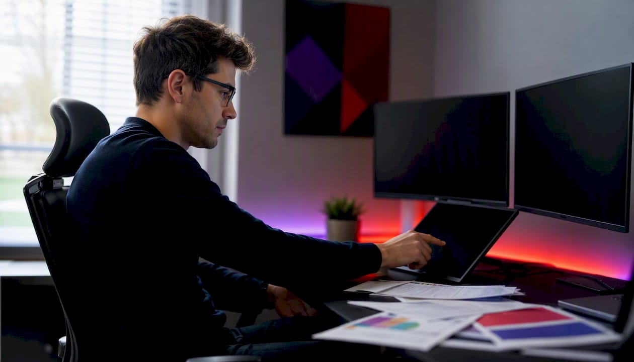 Trader calibrating controls beside dark trading monitors
