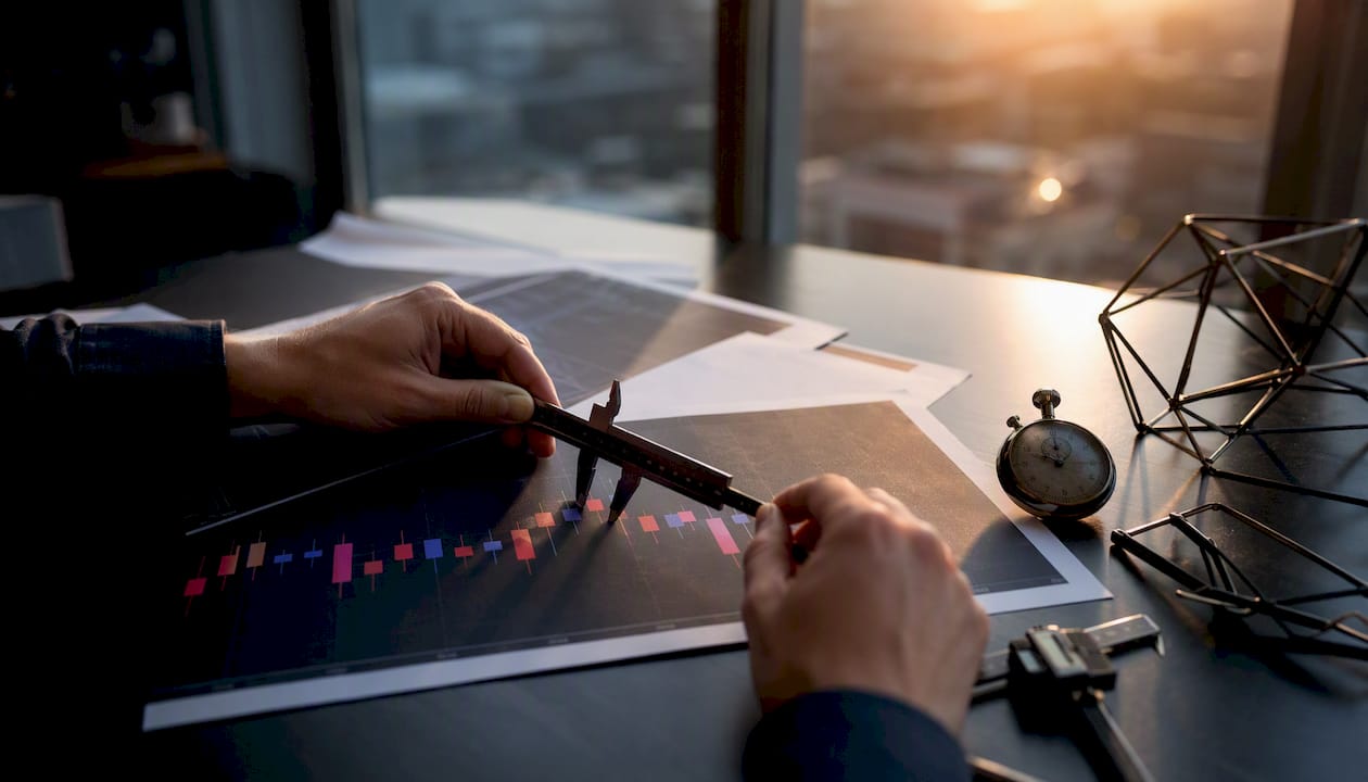 Hands measuring candlestick chart spacing with caliper
