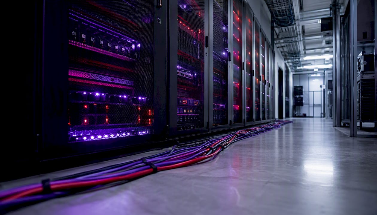 Cloud hosting server racks with purple-red lighting