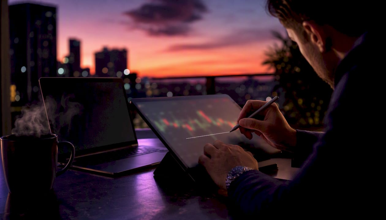 Hands drawing take profit line on trading chart