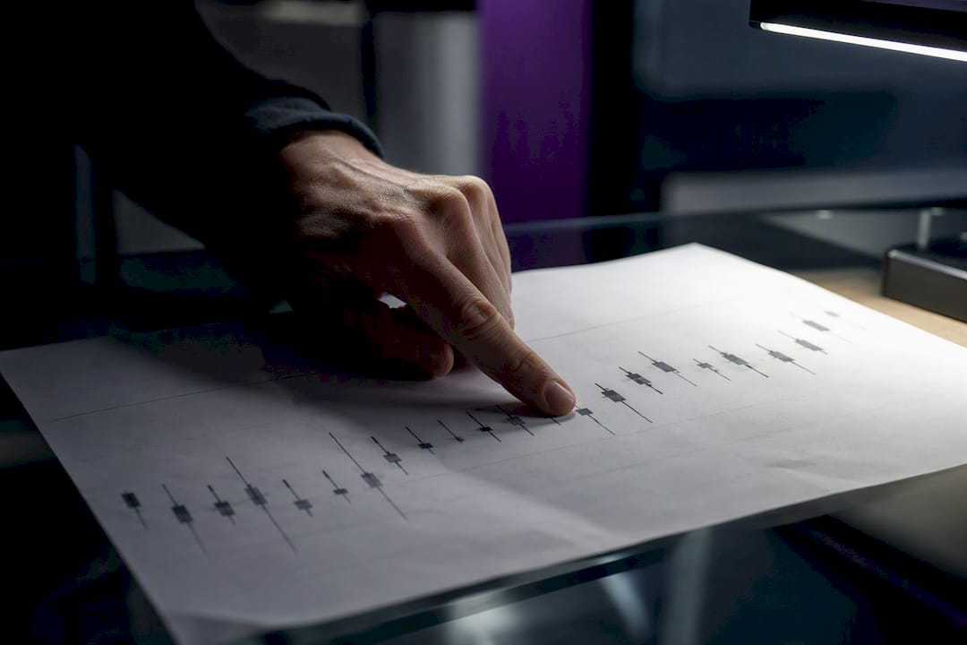 Hand examining candlestick bars with magnifying glass