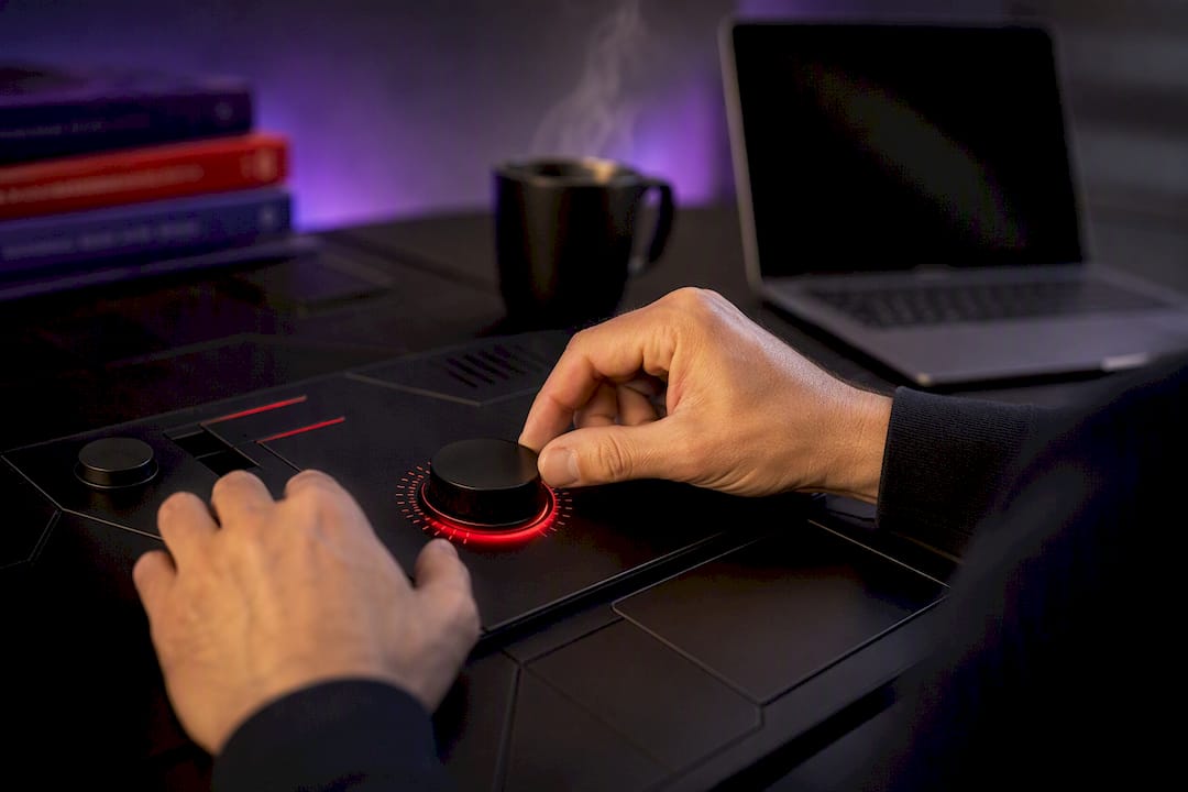 Trader adjusting stop-loss dial on desk