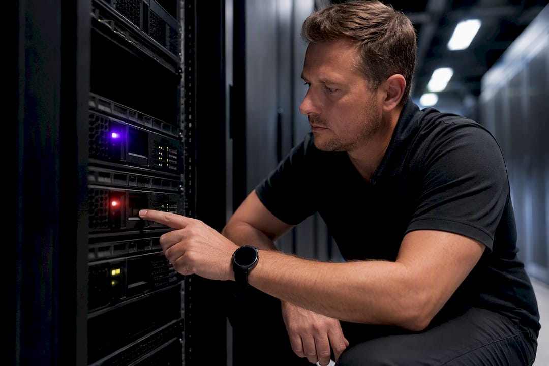 Technician checking webhook server infrastructure