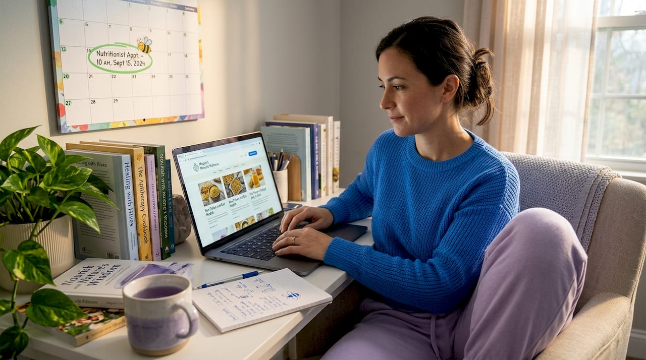 Caregiver researching nutrition on laptop