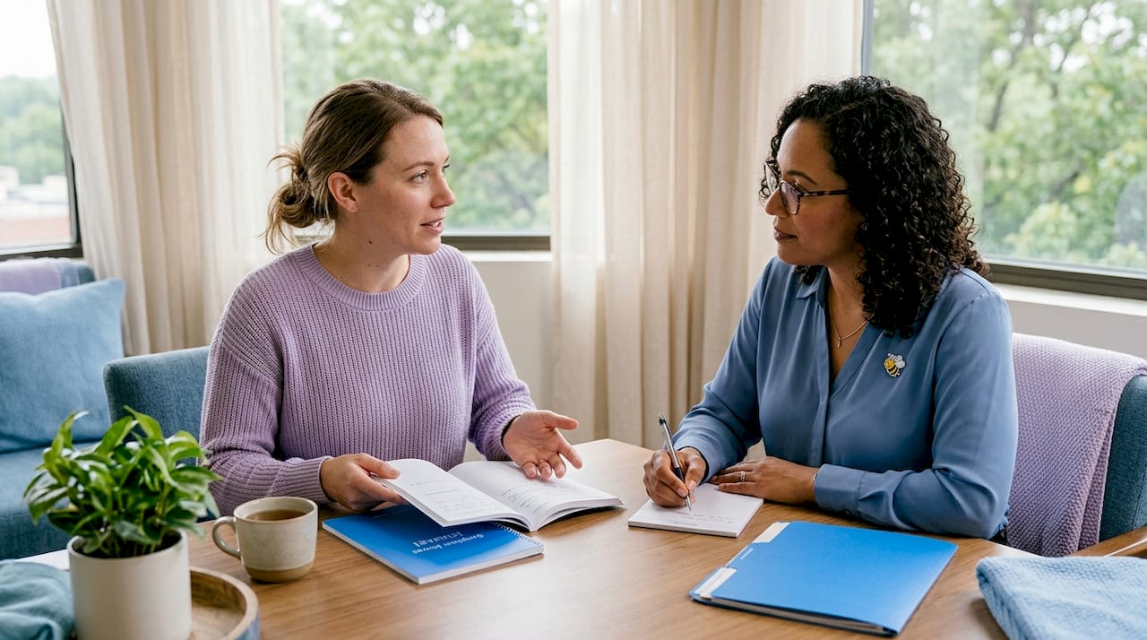 Patient discussing symptom journal with doctor
