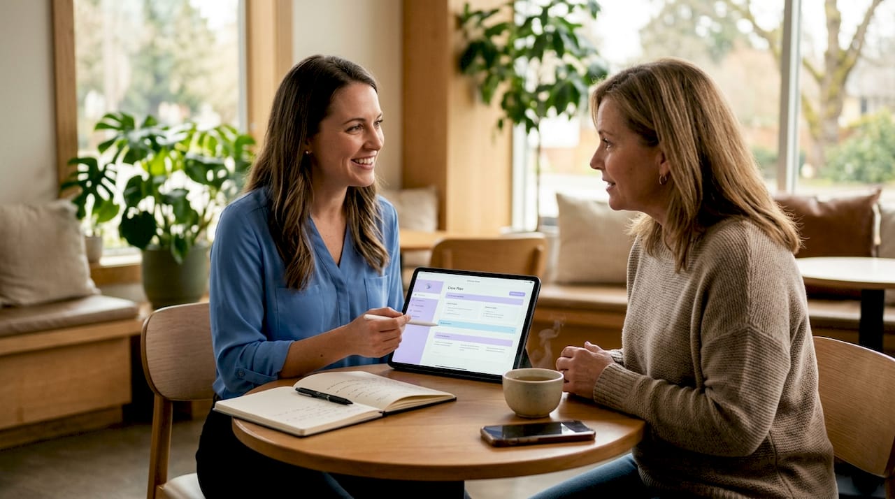 Practitioner consulting patient in home office