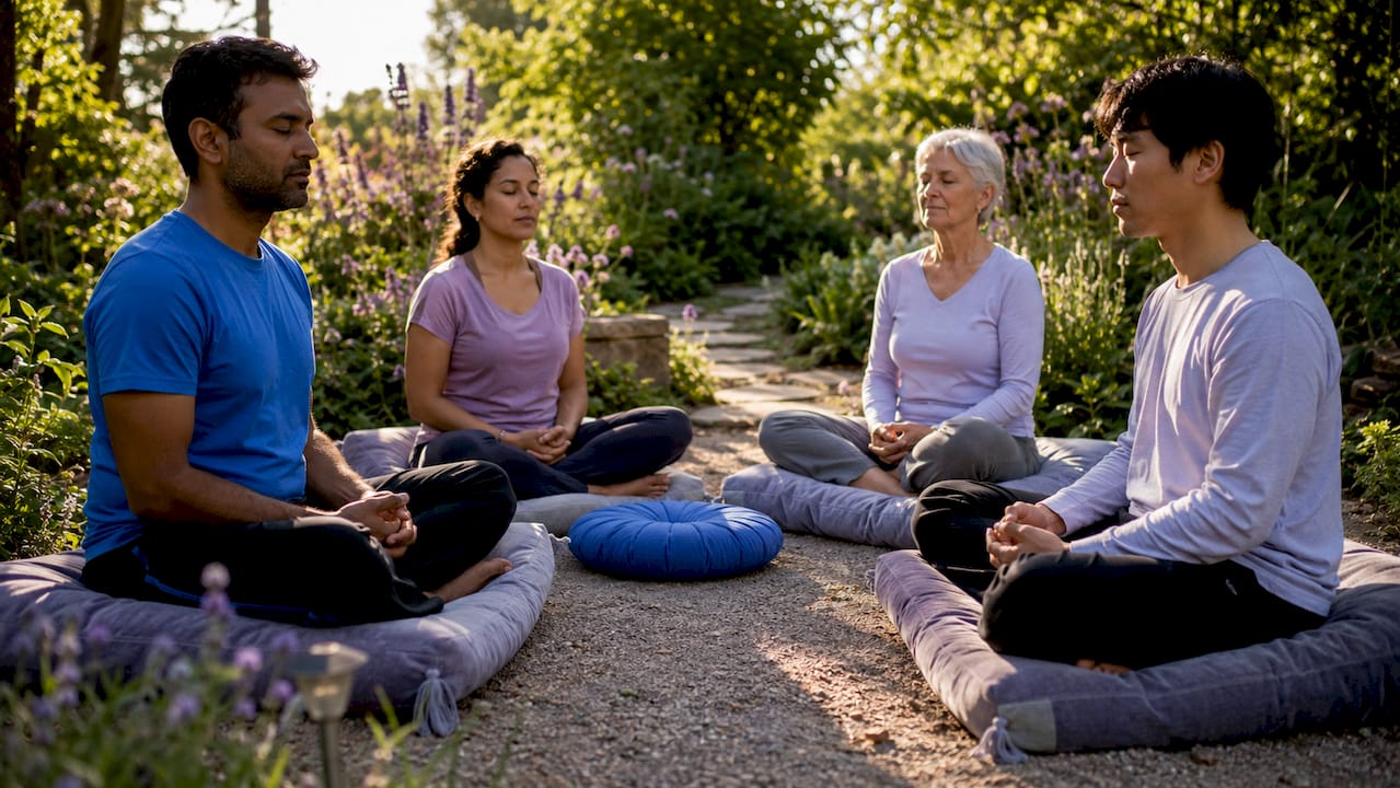 Group practicing meditation in wellness center
