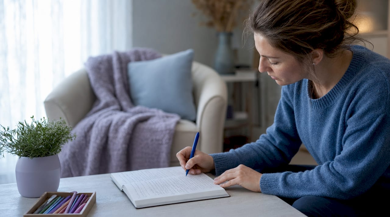 Hands holding symptom journal in medical office setting