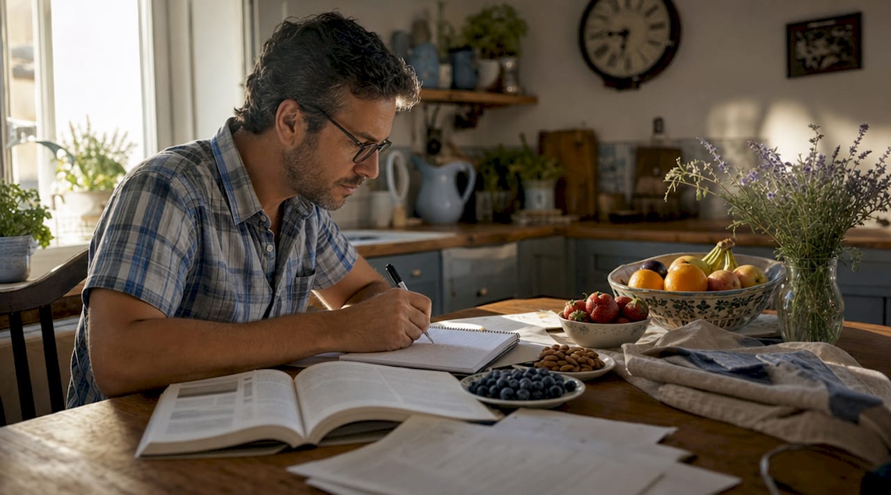 Medical student studying nutrition in library