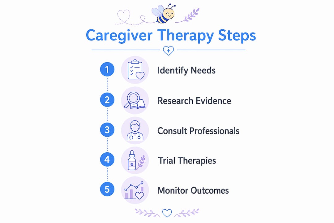 Infographic showing five steps for caregivers using alternative therapies