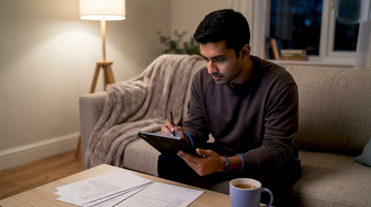 Hands navigating digital chronic illness records on tablet