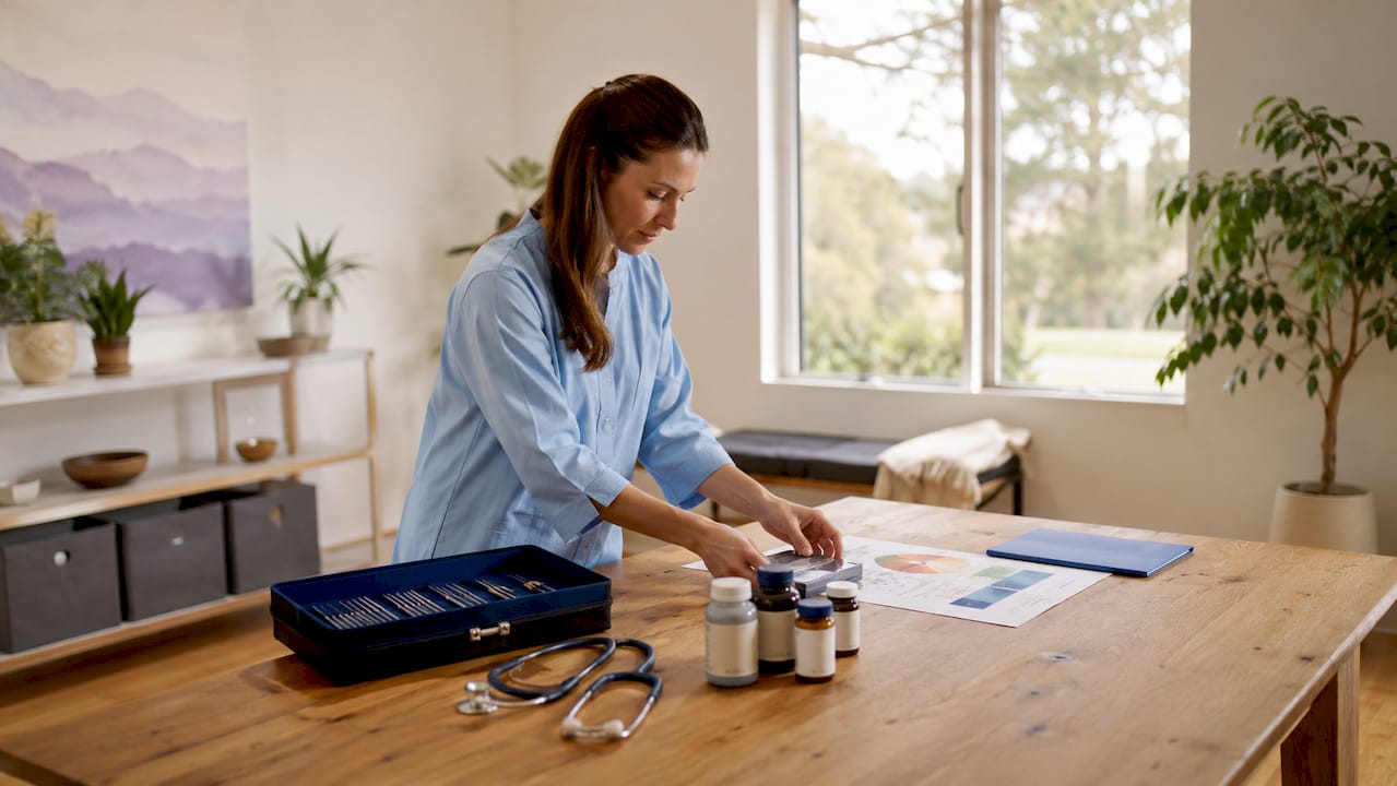 Clinician arranging integrative medicine therapy tools