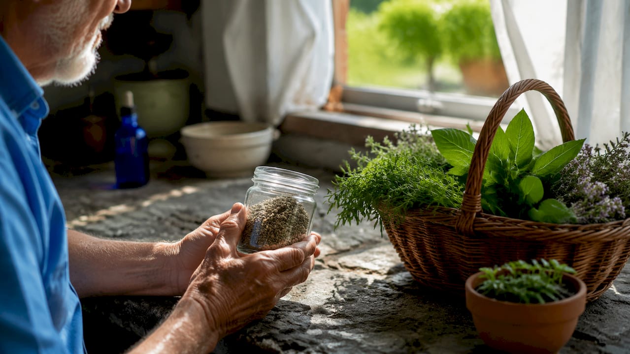 Hands holding adaptogenic herbs jar