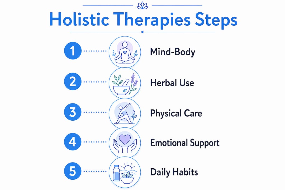 Infographic illustrating holistic therapies steps in caregiving