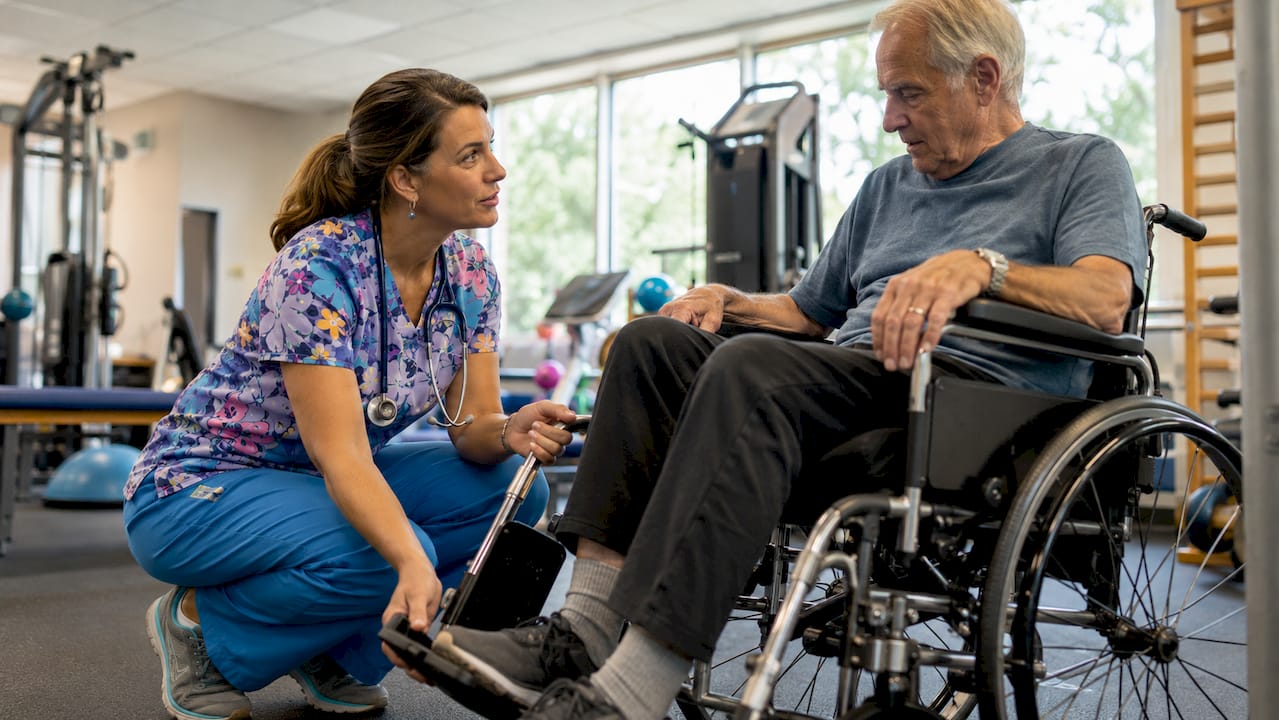 Nurse demonstrating wheelchair adjustment to patient