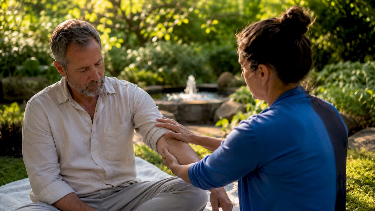 Therapist guiding patient's arm in somatic therapy