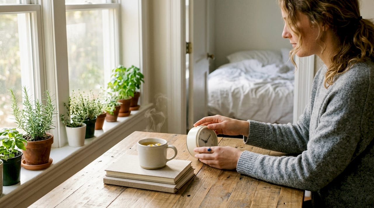 Hands adjusting alarm clock in sunlit bedroom