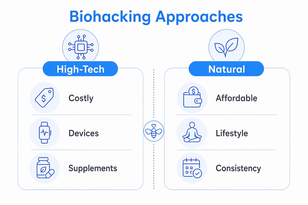 Infographic comparing high-tech and natural biohacking approaches