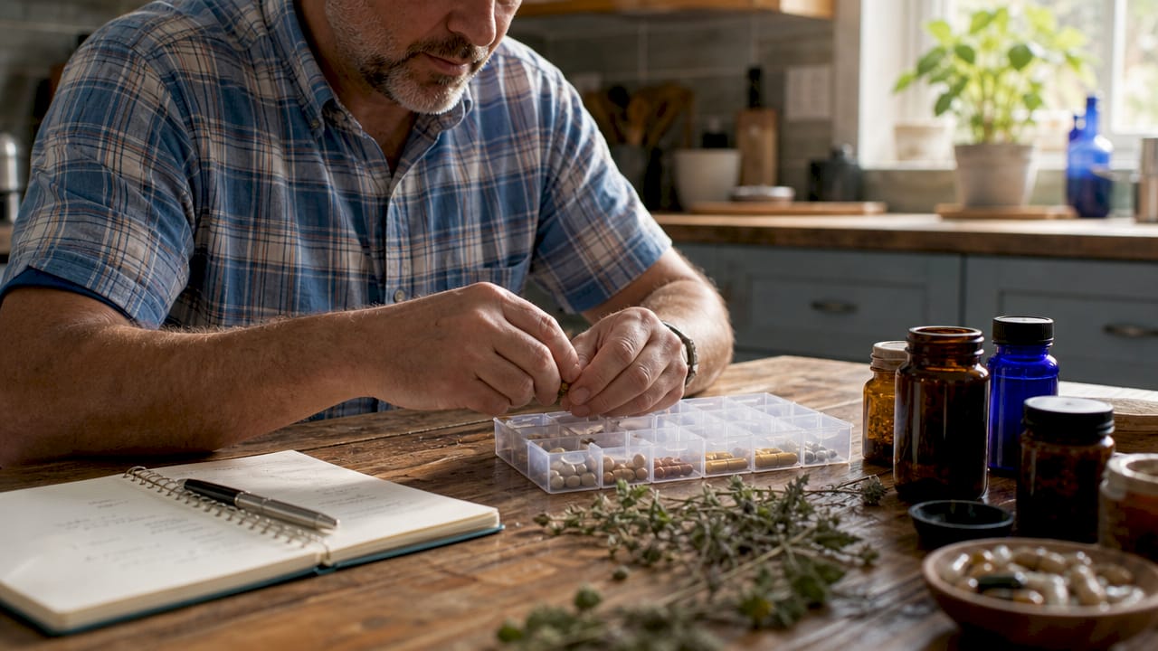 Hands organizing supplements in weekly scheduler