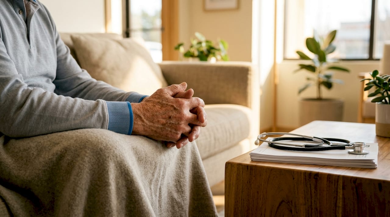 Hands resting near medical documents in clinic