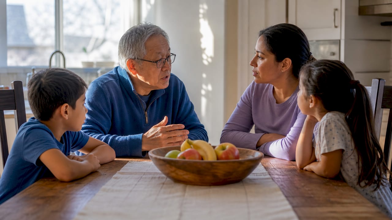Family discussing household roles around couch